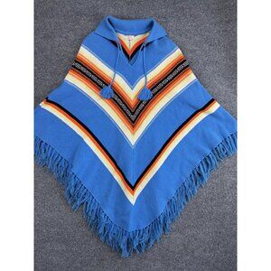 Vintage Ecuadorian Poncho Womens Medium Blue Hooded Fringe Southwestern Boho 70s
